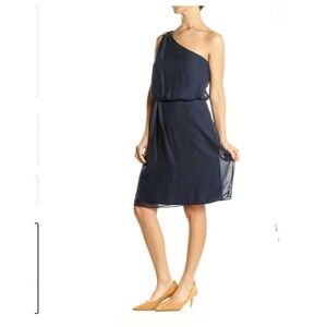 Adrianna Papell Navy Blue Dress one Shoulder fit & flare Formal bride’s maid sz4